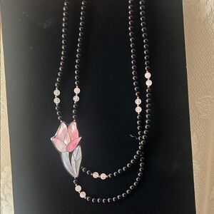 Vintage Elegant Black and Pink Beaded Necklace with mother of pearl inlay